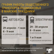 Как будет работать общественный транспорт Подмосковья в майские праздники